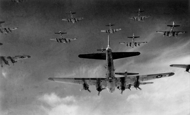  B-17 Flying Fortresses from the 398th Bombardment Group fly a bombing run to Neumunster, Germany, on April 13, 1945